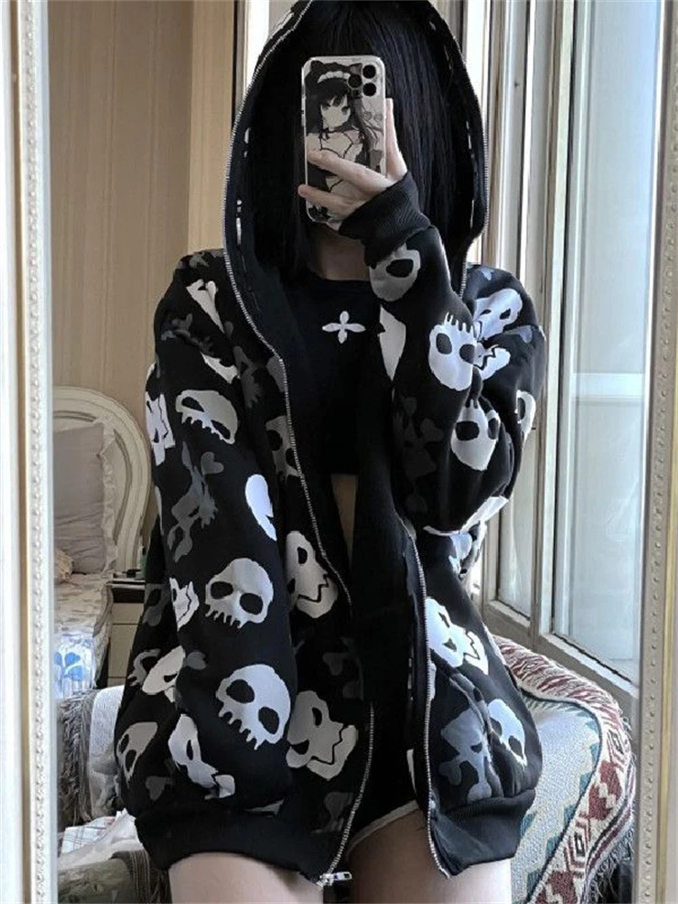

Zip Up Sweatshirts Y2K Women's Oversized Hoodies Punk Vintage Skull Print Hooded Jacket Harajuku Gothic Casual Coats Tops E-girl