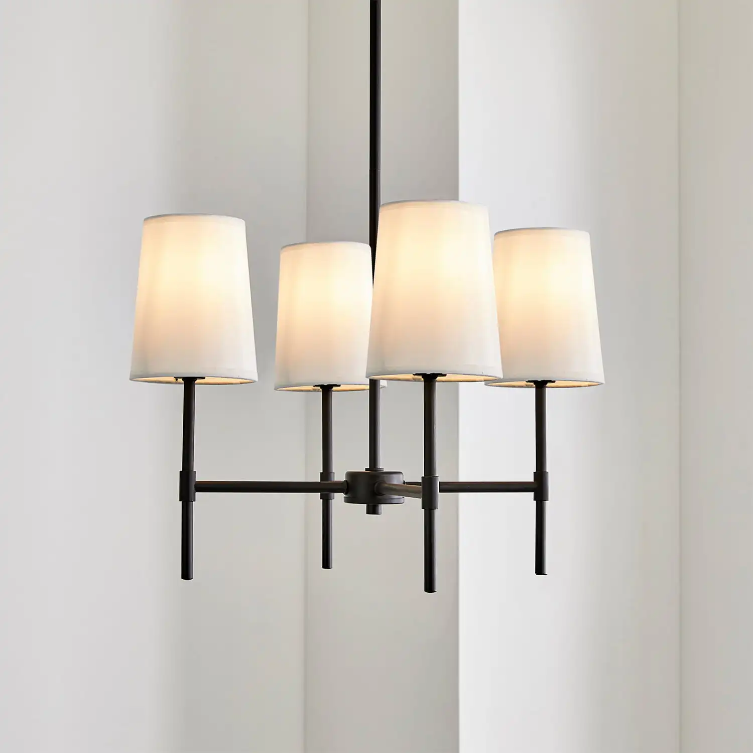 

4-Light Chandelier Matte Black with White Fabric Shades with Bulbs
