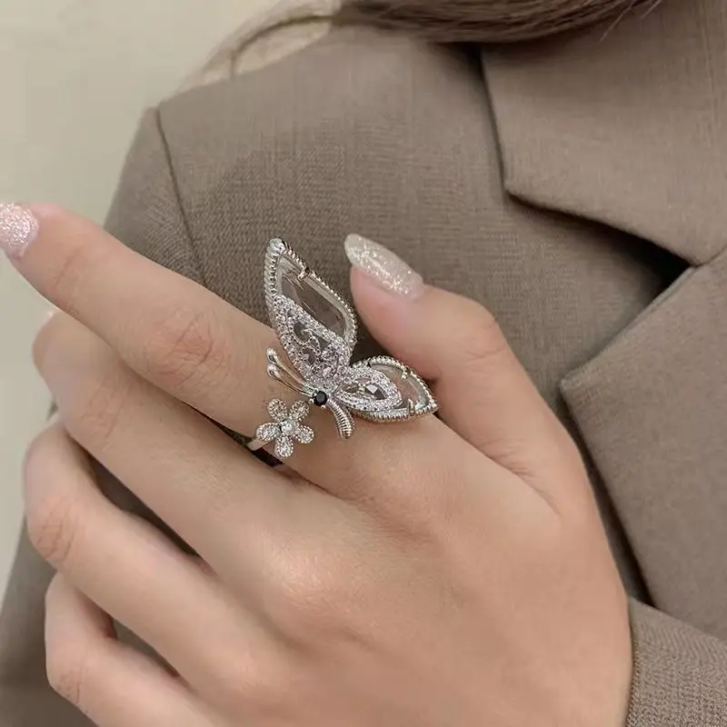 

Luxury Design Fashion Jewelry Opening High-grade Copper Inlaid Zircon Butterfly Adjustment Rings for Women Shiny Cocktail Ring