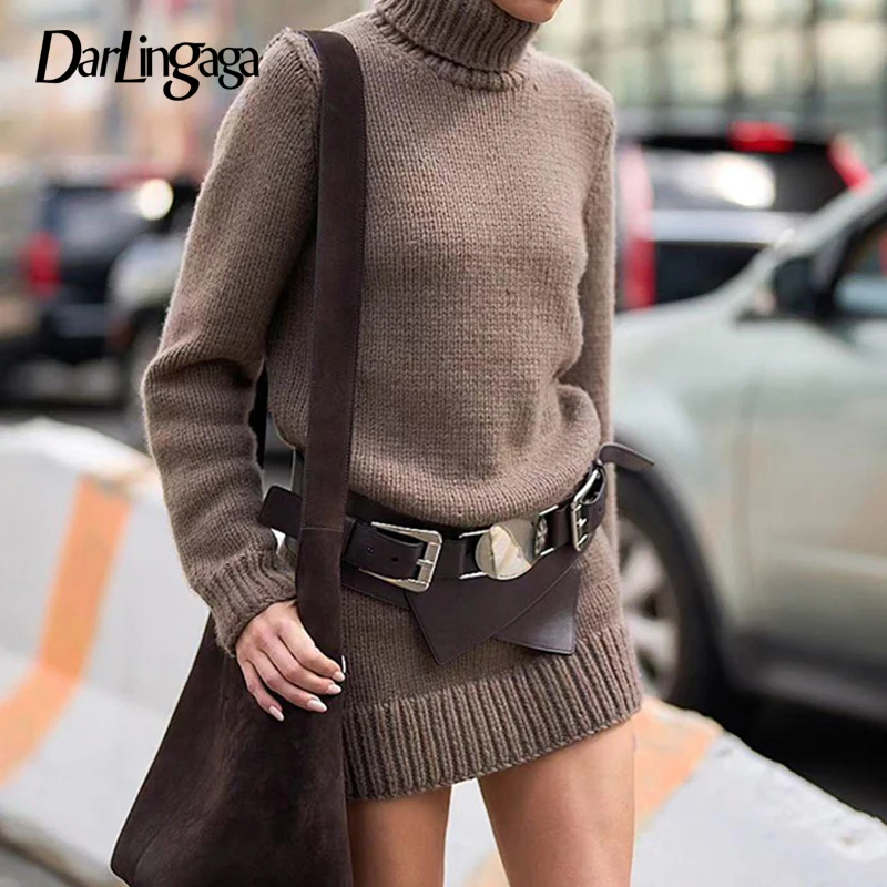 

Darlingaga Fashion Chic Brown Knitted Sweater Dress Female Slim Solid Warm Autumn Winter Turtleneck Dresses Streetwear Pullovers