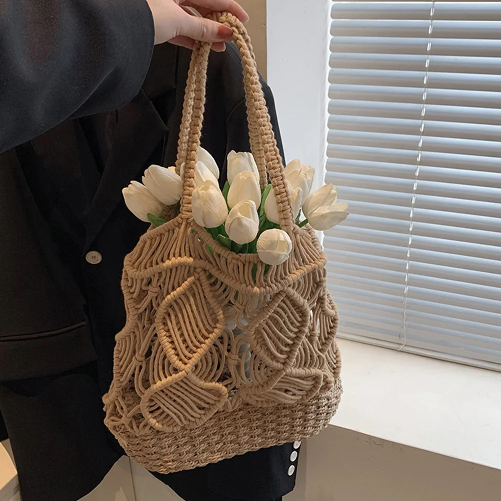 

Летняя плетеная Женская сумочка из соломенной веревки, ажурная дизайнерская пляжная сумка-тоут, Ретро сумка через плечо с этническим узором, женская сумка для покупок