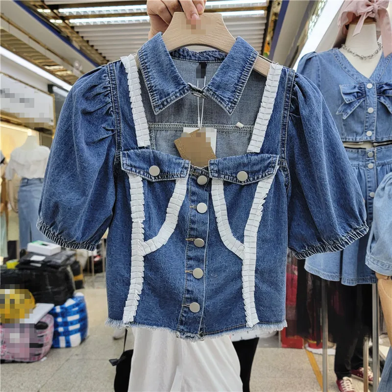 2022 summer new slim hollow contrast bubble sleeve fashion women's denim jacket blouse women's shirt women