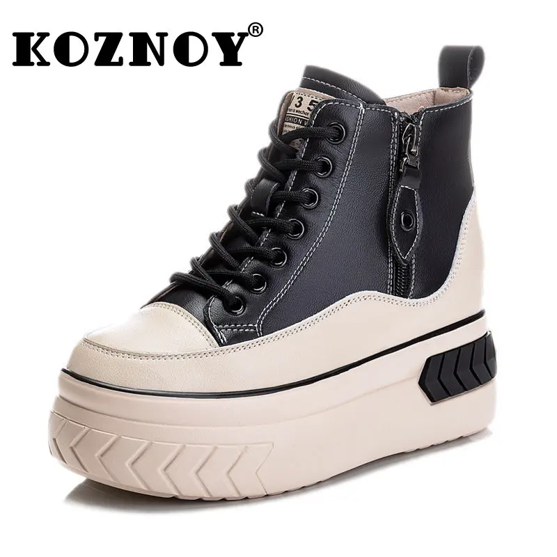 

Koznoy 8cm Genuine Leather Sneakers Women Mid Calf Ankle Booties Platform Wedges ZIP Spring Autumn Warm Fur Plush Winter Shoes