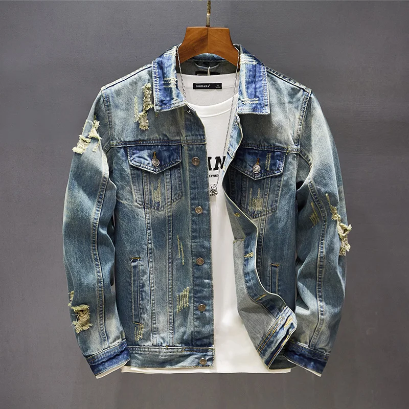 

Men's Ripped Denim Jacket Tight Elastic Retro Distressed Water Wash Classic Pocket Design Slim Motorcycle Coat Spring Autumn