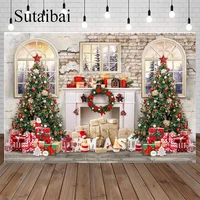 Christmas Backdrop White Fireplace Retro Brick Wall Xmas Tree Gifts Wooden Floor Family Portrait Photography Background