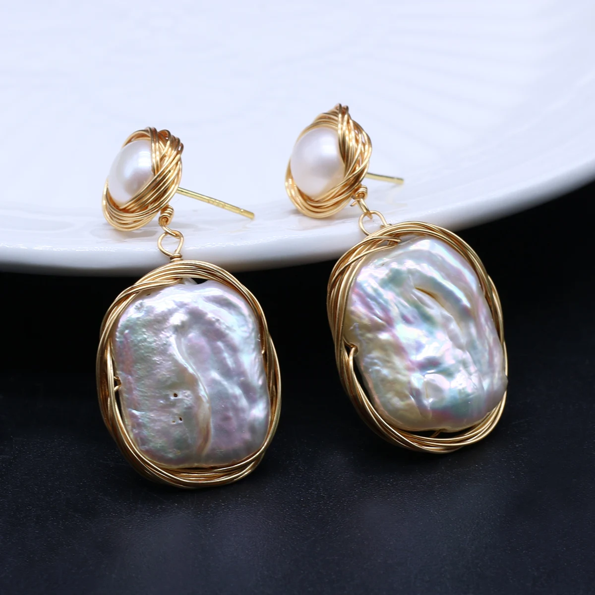 

Natural Baroque Freshwater Pearl Irregular Earrings Handmade Copper Wire Wrapping for Women Jewelry Eardrop
