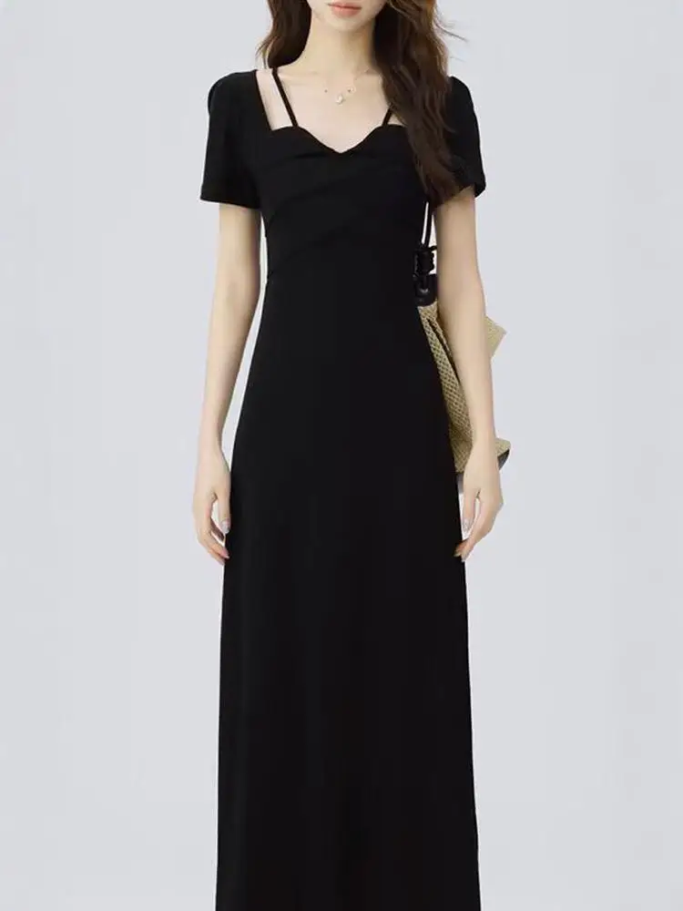 Новинка лета 2024 черное приталенное платье во французском стиле ретро