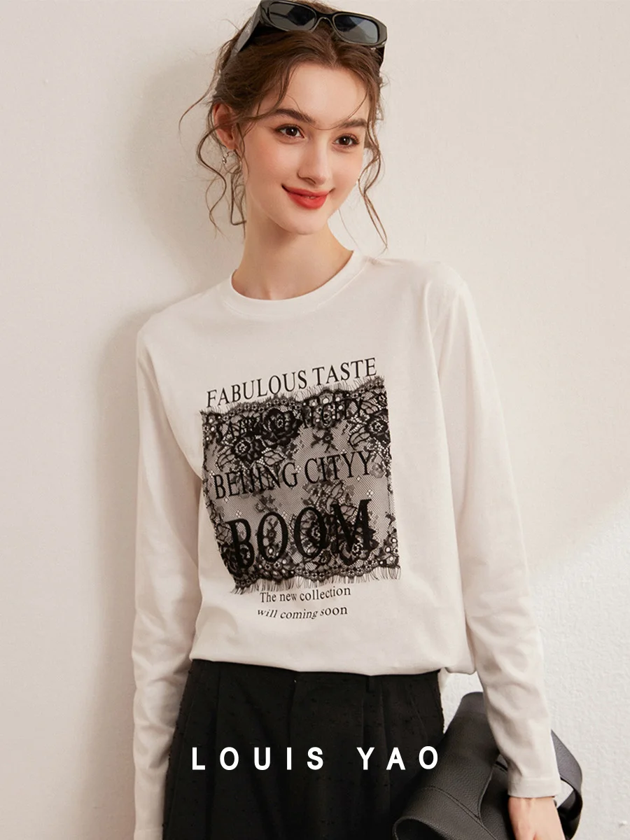 Футболка женская LOUIS YAO с круглым вырезом и кружевным украшением