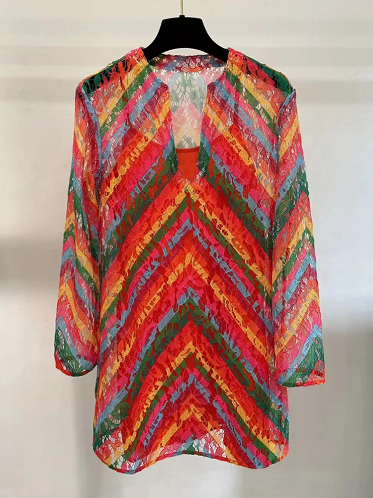 

Runway New 2022 Summer Lace Dress Women V-Neck Rainbow Stripe Print Long Sleeve Elegant Sexy Ladies Party