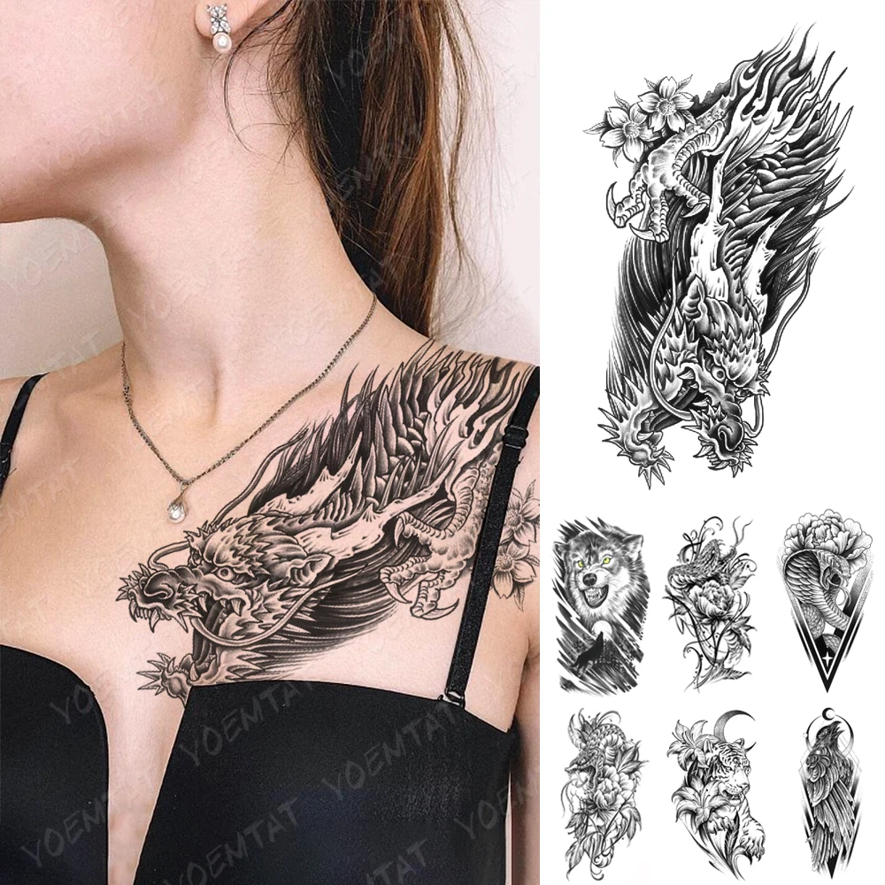 

Waterproof Temporary Tattoo Sticker Black Dragon Snake Wolf Eagle Flower Flash Tattoos Arm Sleeve Fake Tatoo Women Men Body Art