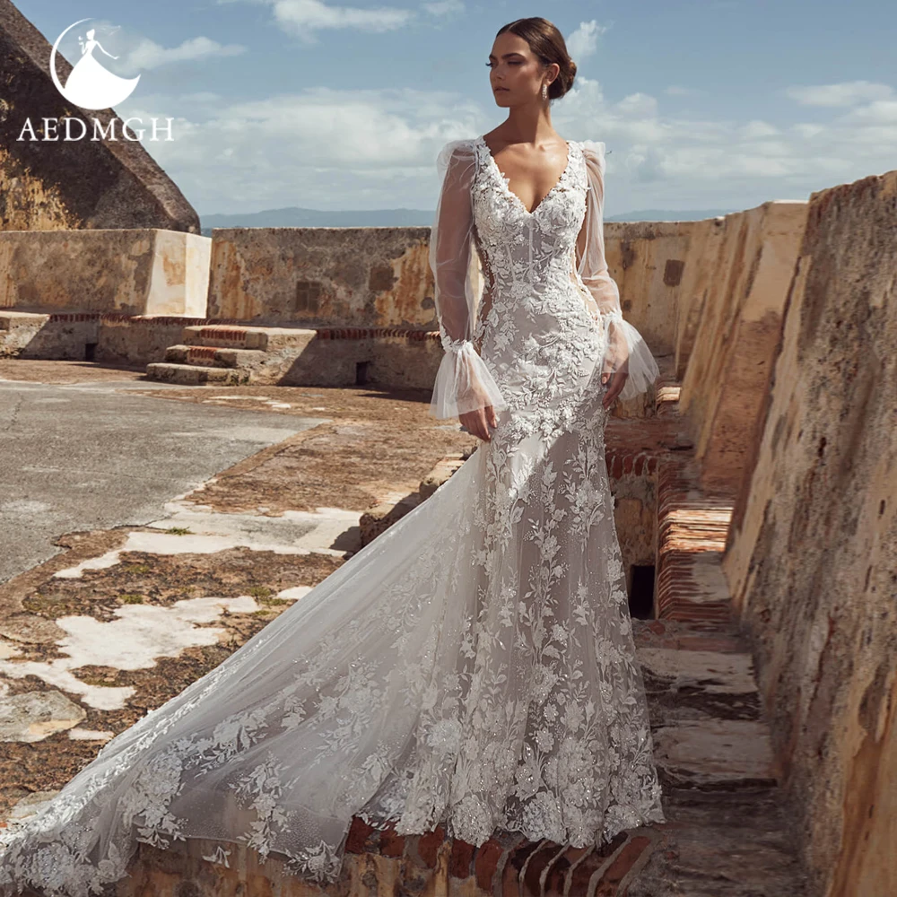 Фото Aedmgh Русалка Винтажные свадебные платья Милая съемная с длинным рукавом Vestido De Novia Аппликации Шикарное свадебное платье на заказ №1