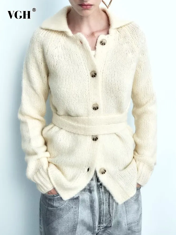 

VGH Solid Patchwork single breasted Minimalist Cardigan For Women Lapel Long Sleeve Spliced Belt Casual Sweaters Female Fashion