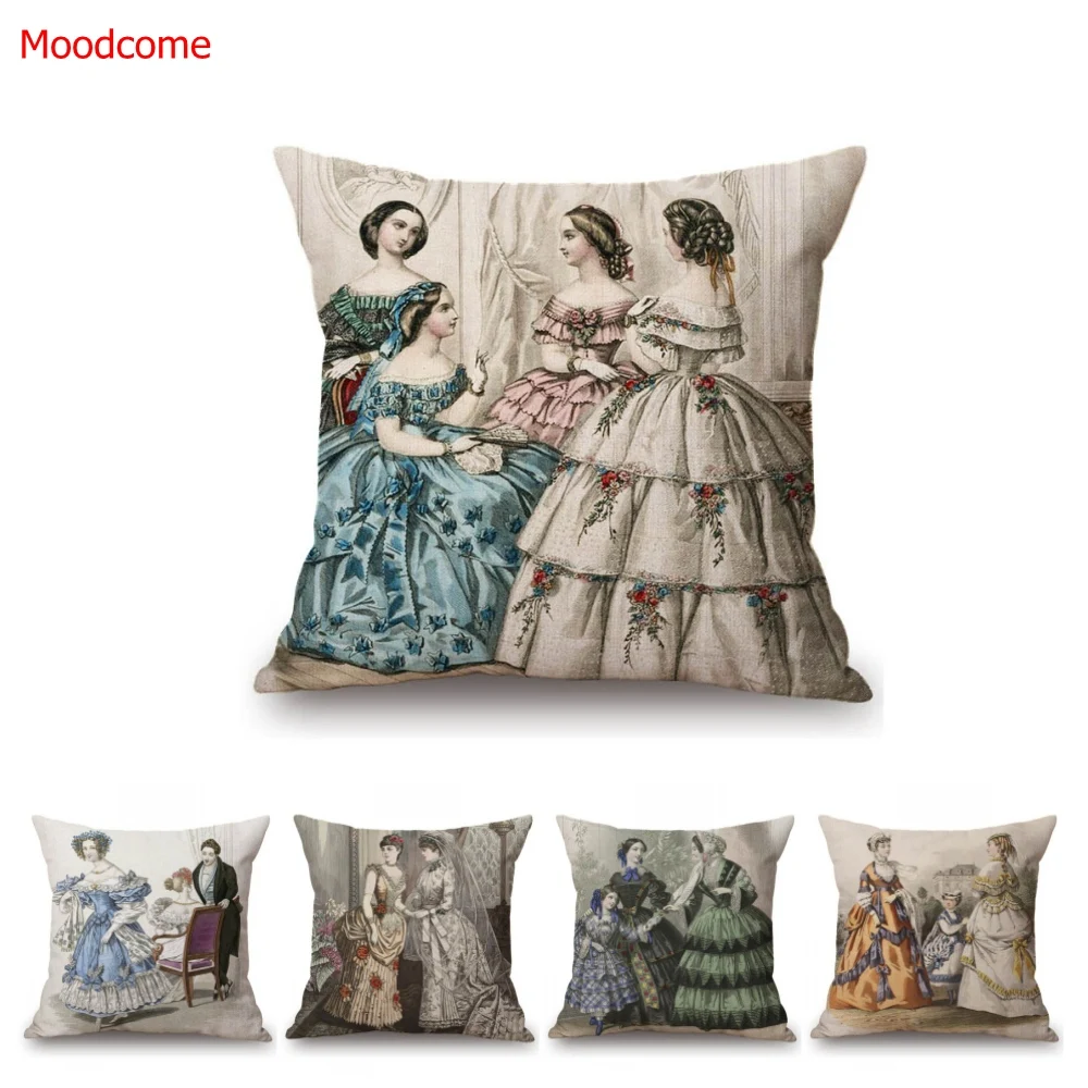 Antique European Fashion Victorian Era Royal Court Dress Elegant Princess Duchess Woman Lady Sofa Pillow Case Art Cushion Cover