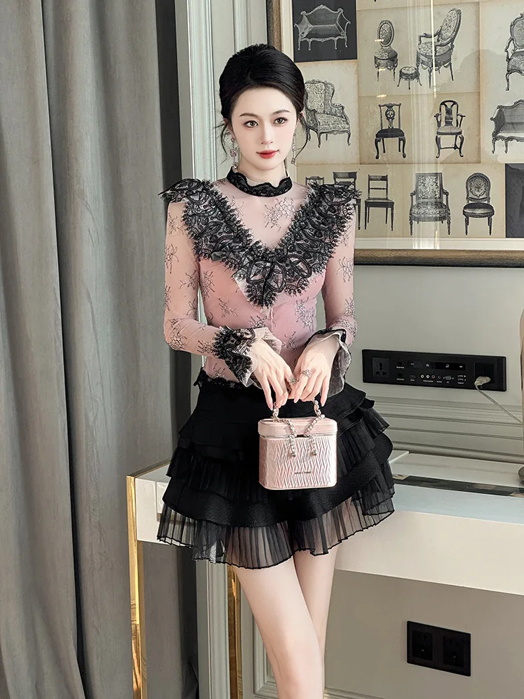 Сексуальная кружевная рубашка весна 2024 3D Gouhua микропрозрачная облегающая для