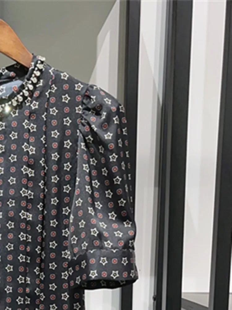 

2023 Summer Women Hem Ruffles Mini Dress Neckline Rhinestone Stars Printed High Waist A-line Female O-neck Robes