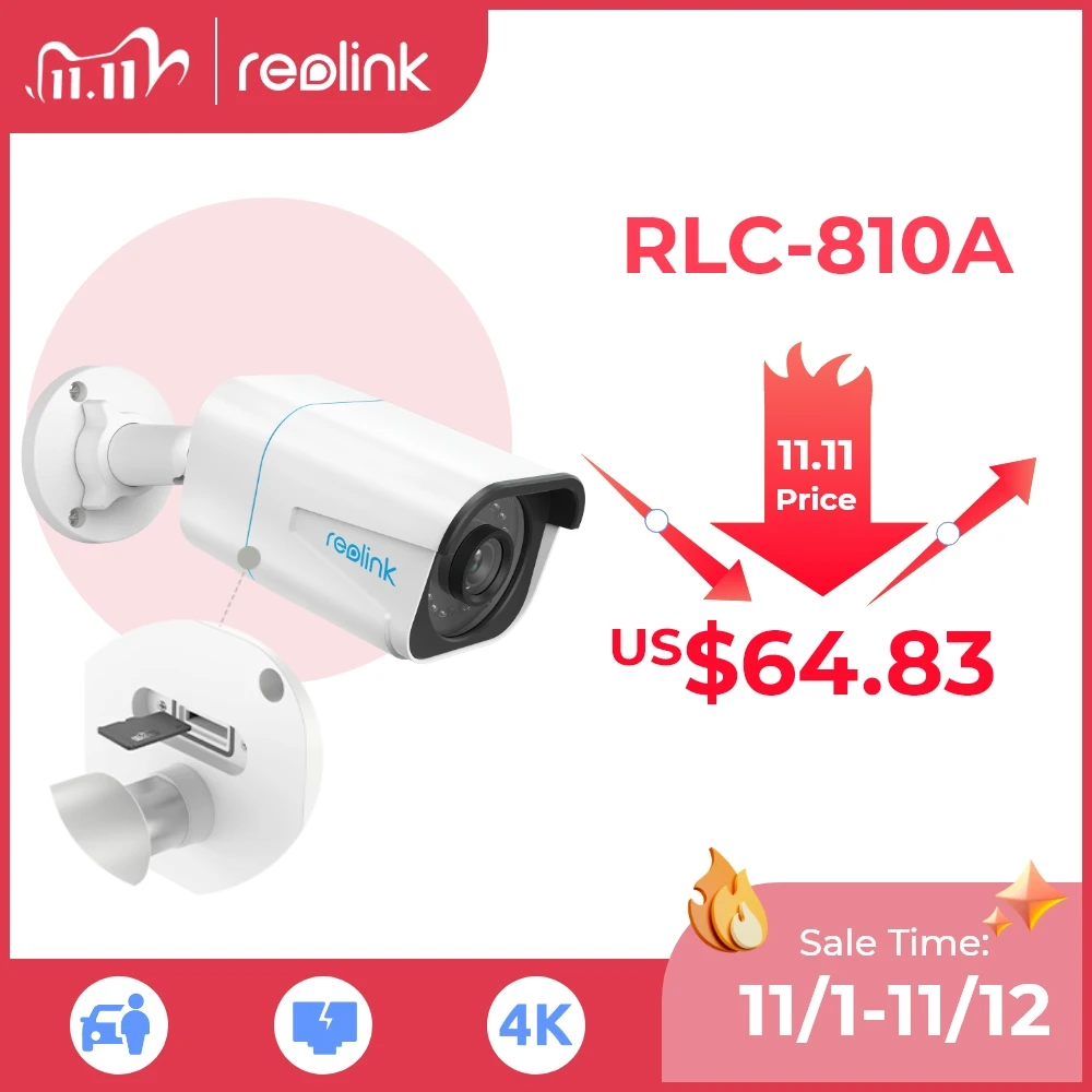 Цена IP-камера Reolink, наружная, 4K, 8 Мп, PoE, с инфракрасным ночным видением, с датчиком присутствия людей/автомобилей, RLC-810A