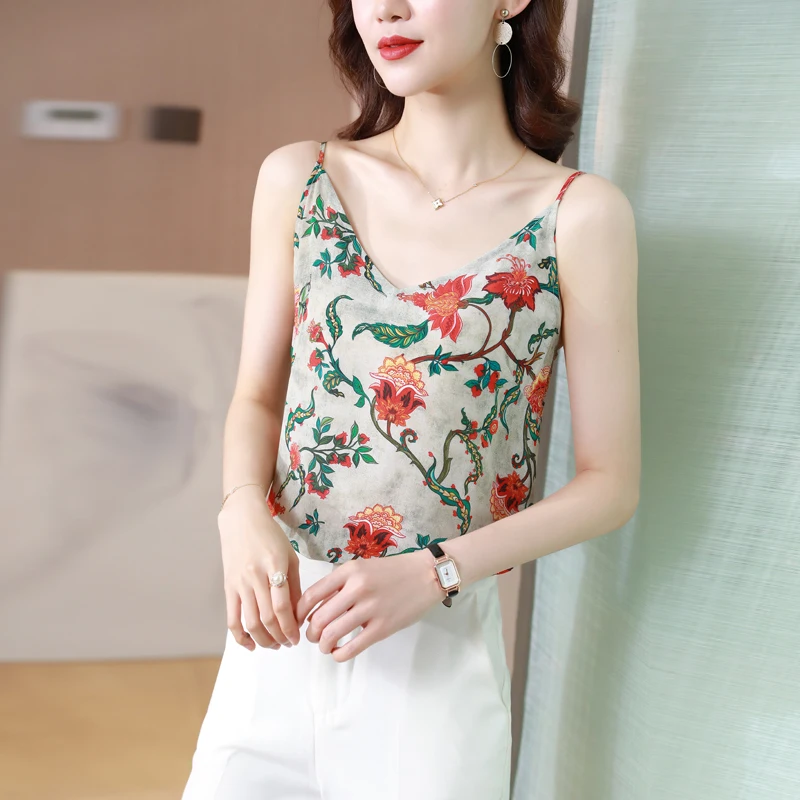 

Korea fashion summer women's print halter V-neck sleeveless silk satin top office women's tank top base blouse women tops