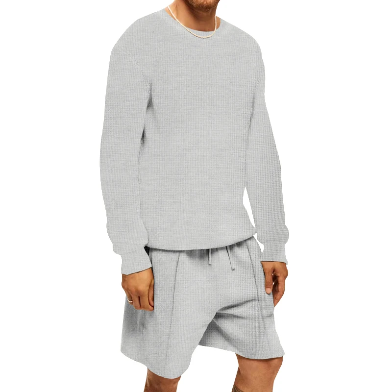 New Men's Summer Suit High quality waffle O Neck Short Sleeve Shorts Street Set Casual Sports Apparel fitness Set