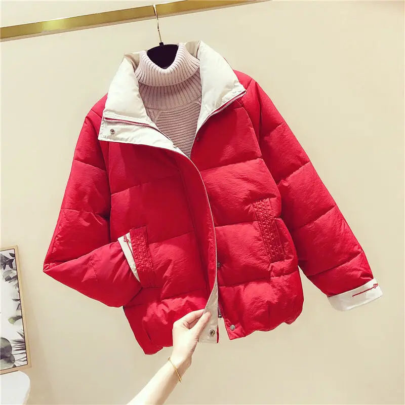 Women Stand Collar Cotton Jacket 2023 Autumn Winter Casual Warm All-match Zipper Parka Solid Loose Female Outwear Pockets A10