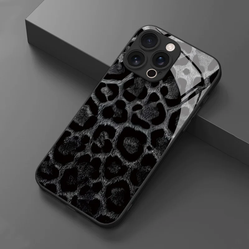 Фото Черно-белый чехол с леопардовым принтом для iPhone 17e, 17, 16, 15, 14, 13, 12 Mini, 11 Air, Pro, XS Max, XR, X Plus, стеклянная силиконовая рамка, задняя крышка №1