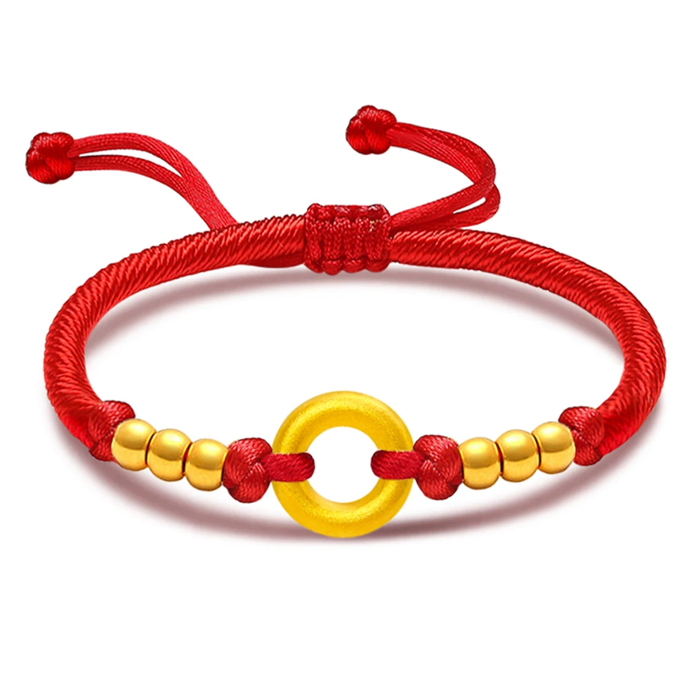

999 реальный 24K желтое золото счастливый круг безопасный бисер красный шнур вязаный браслет женский подарок