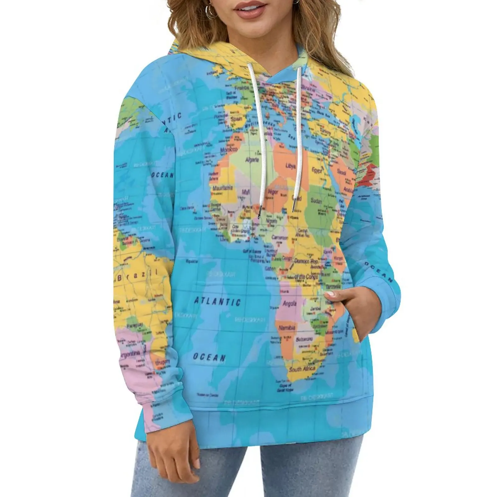 

Earth Map Hoodies Long-Sleeve World Maps Print Kawaii Casual Pullover Hoodie Street Style Oversize Graphic Loose Sweatshirts