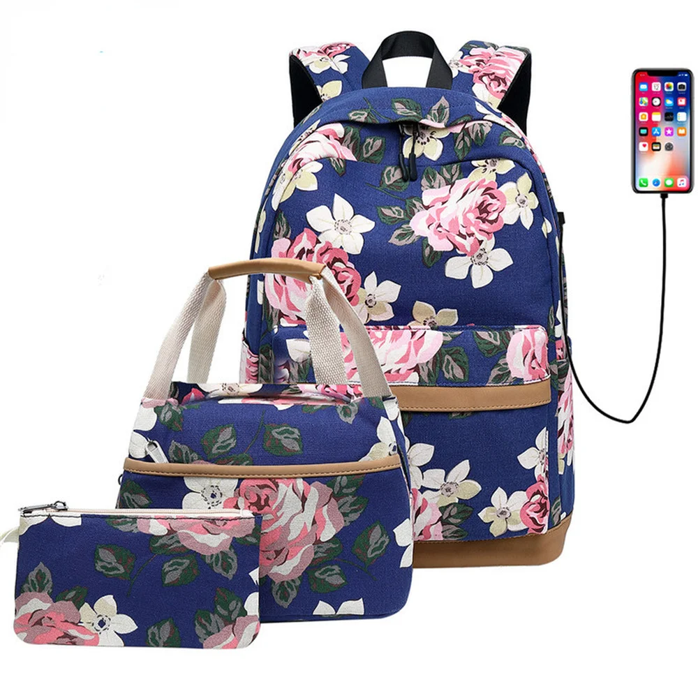 New Printed Backpack Women's USB Computer Backpack Student Canvas Schoolbag Three-piece Set School Backpack  Back Pack