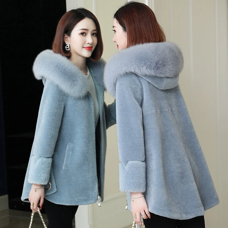 Coat 100% Shearling Real Sheep Women Winter 2023 Hooded Natural Wool Collar Jackets Female Fur Coats Manteau Femme Gxy216