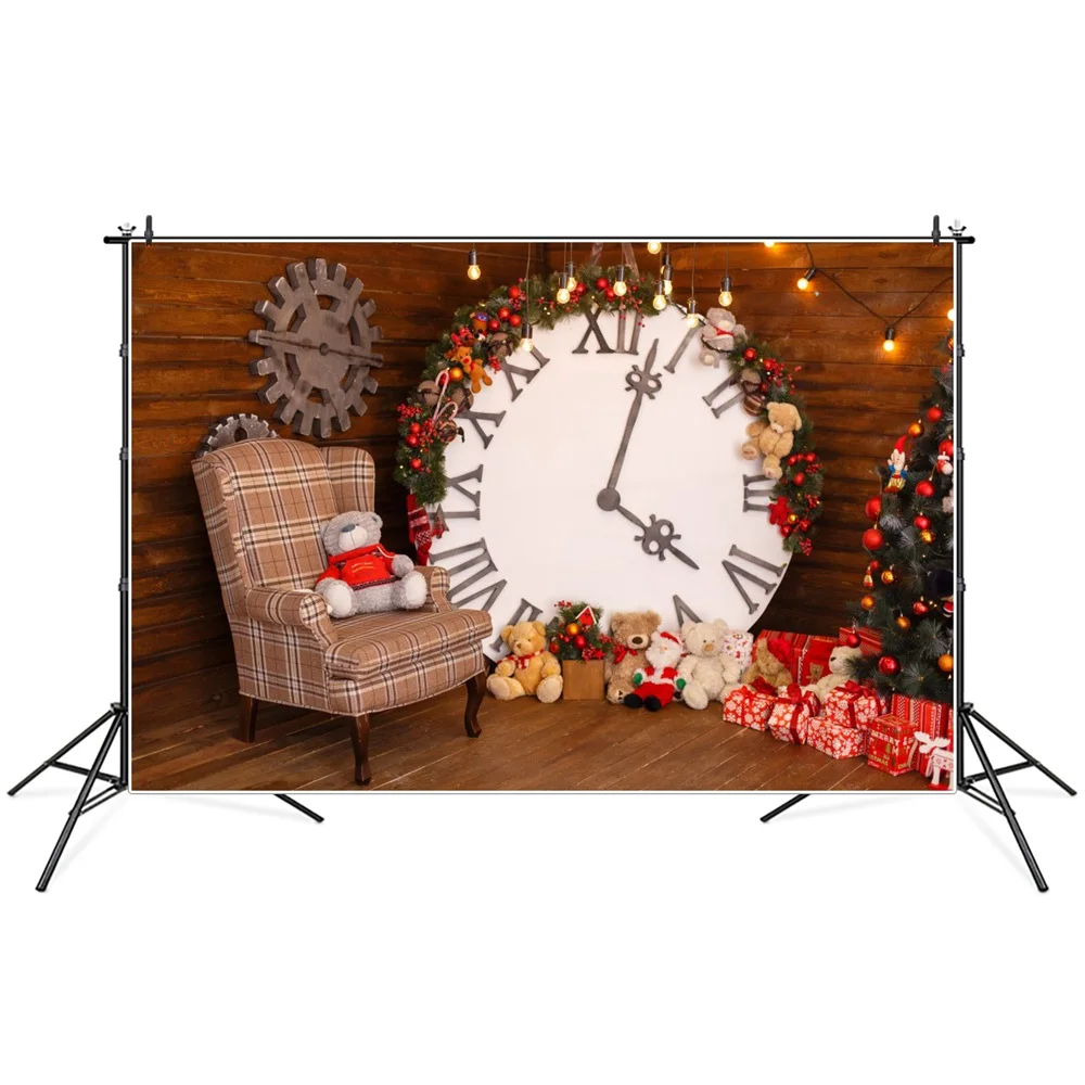 

Christmas Tree Clock Bear Toys Gifts Photography Backgrounds Custom Baby New Year Party Decoration Studio Photo Booth Backdrops