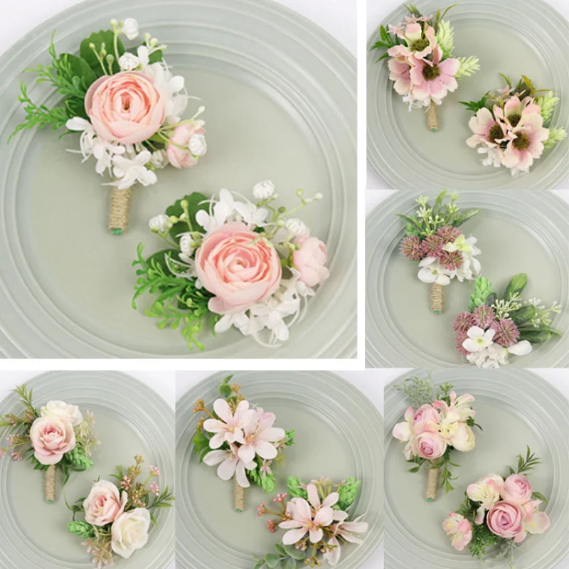 

Pink Rose Artifical Flowers Boutonnieres Wrist Corsage Bridesmaid Bracelet Marraige Wedding Accessories