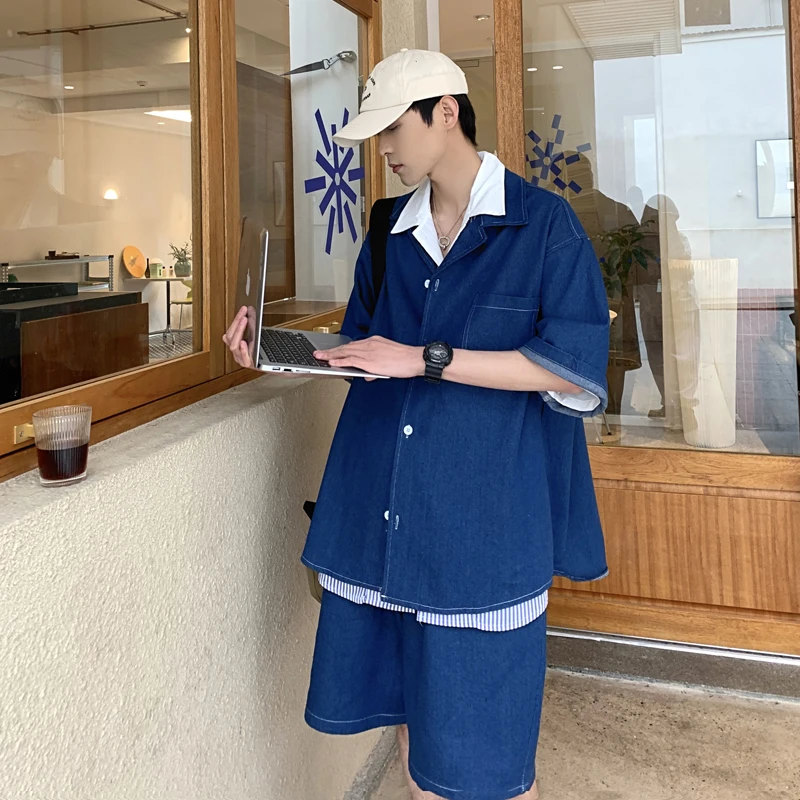 

Summer Men Sets 2PCS Denim Shirt Shorts Korean Streetwear Fashion Loose Casual Short Sleeve Shirt Short Jeans Male Tracksuits