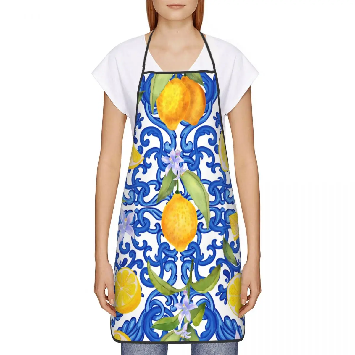 Фартук унисекс в средиземноморском стиле сицилийская синяя плитка лимоны