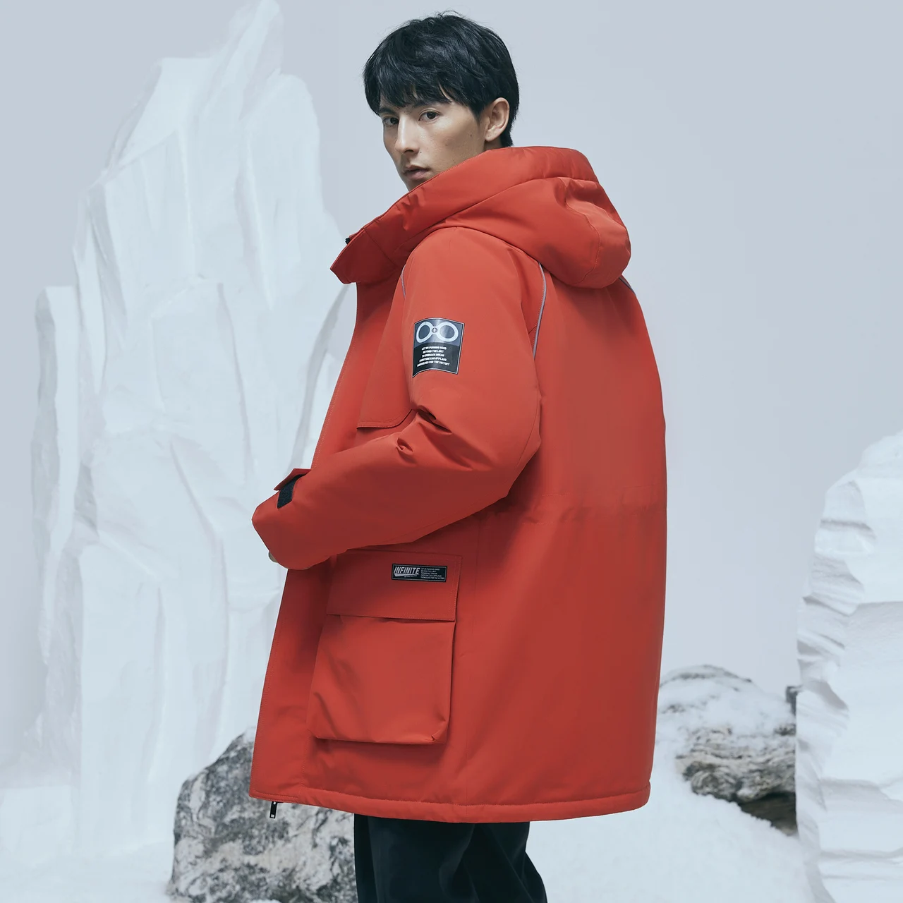 Metersbonwe Long Down Jacket Winter Men Fur Collar Hooded Thick Winter Down Coat  Reflective Stripe Pocket Red Outerwear Warm