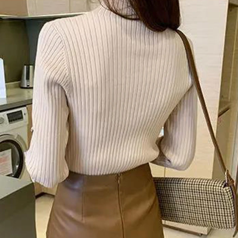 New Heart Embroidery Knit Sweaters for Women Fashion 2022 Autumn Winter Ribbed Wild Sweaters Woman Slim Soft Warm Tops Ladies images - 6