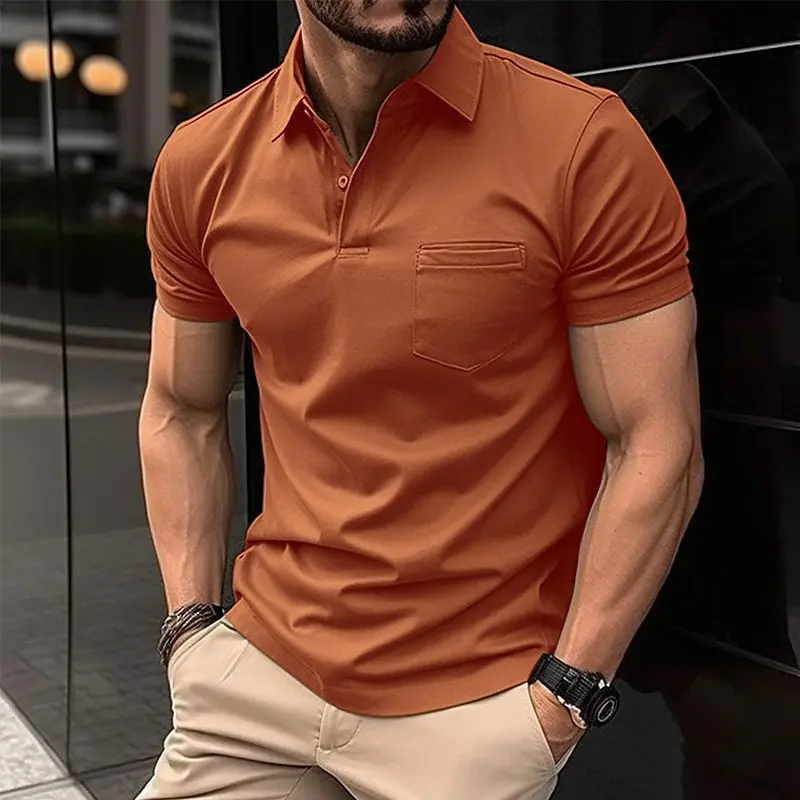 

European-american ins cross-border 2023 summer POLO shirt chest pocket men's sports polo shirt