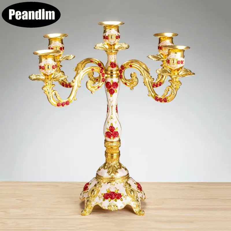 PEANDIM Golden Plated Golden Plated Rare Antique 5 arms Candle Holder Romantic Home Tabletop Candlestick Wedding Events Decor