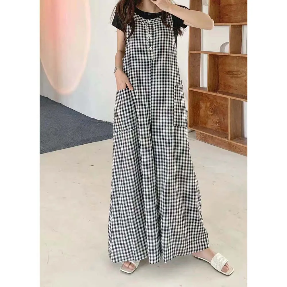 

Jumpsuit Korean Chic Style All-match Large Pocket Loose Suspenders Age-reducing Casual Wide-legplaid Print Jumpsuit Summer