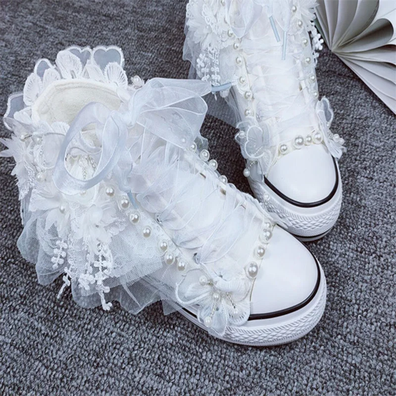 

Handmade custom high top canvas shoes casual white pearl ribbon thick soled large size women 35-44