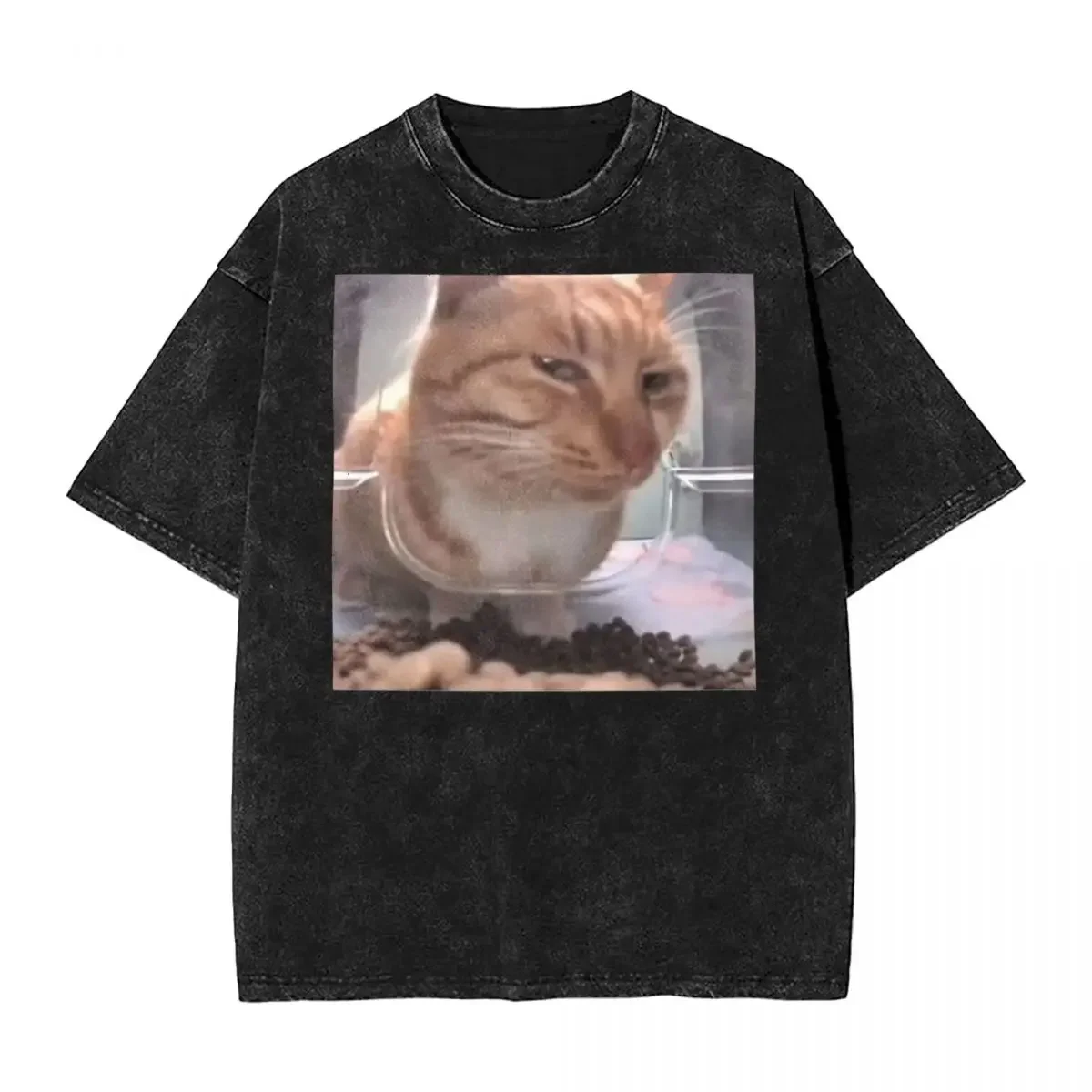 Промытая футболка Mr Fresh The Side Eye Cat Hip Hop Cool T-Shirt Street Funny Meme 100% хлопок Летние топы