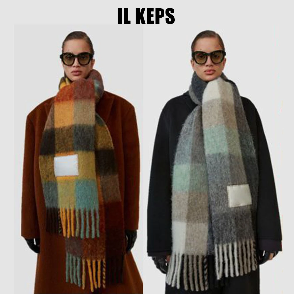 Зимние шарфы IL KEPS для женщин, шали, Женские аксессуары, Клетчатое одеяло из пашмины в стиле ретро, теплый кашемировый шарф для девушек, шея WJ005