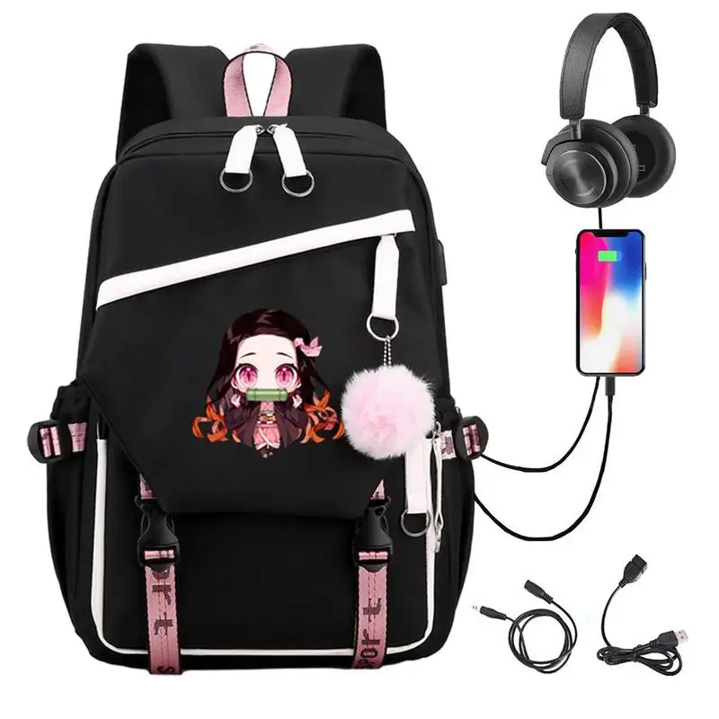 

DemonSlayer Backpack Japan Anime Rucksack Girl's Schoolbag With USB Charging Port Laptop Backpack Large Capacity Daypack