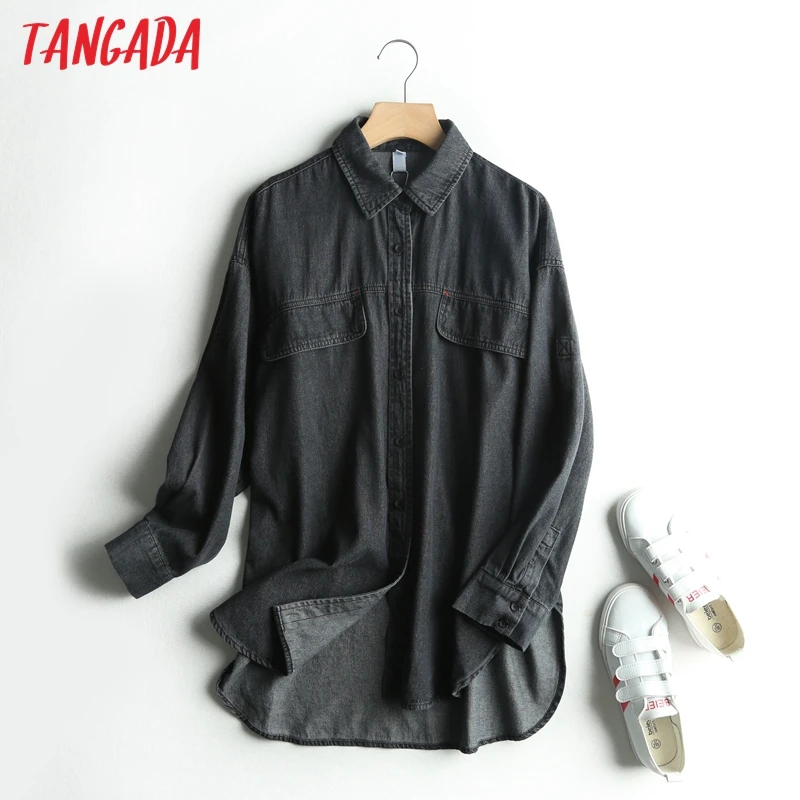 

Tangada women retro oversized black denim blouse long sleeve chic female casual loose shirt blusas femininas 3S12