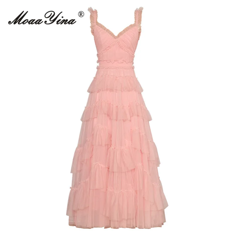 MoaaYina Fashion Designer Summer Pink Mesh Dress Women's V-Neck Sleeveless Ruched Irregular Ruffle Elegant Slim Sling Long Dress