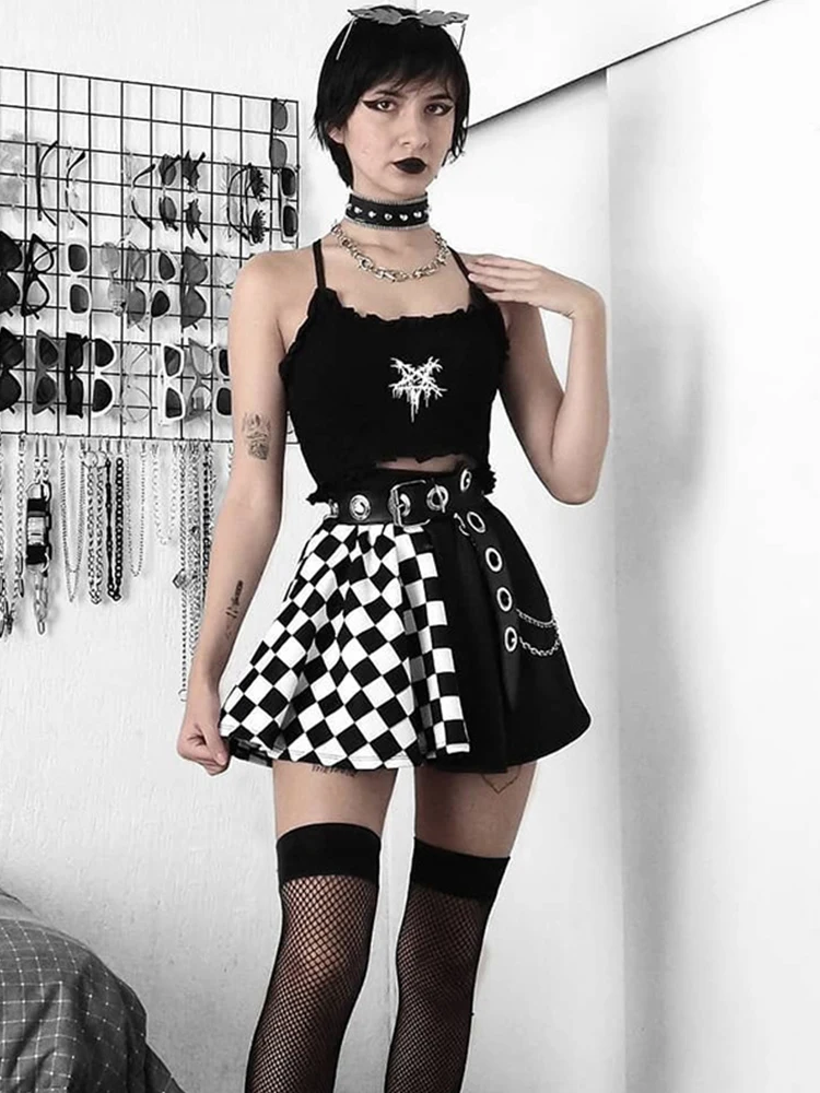 AltGoth Harajuku Punk Gothic Skirt Women Y2k E-girl Emo Alt Retro Plaid Patchwork High Waist Skirt Mall Goth Aesthteic Clubwear