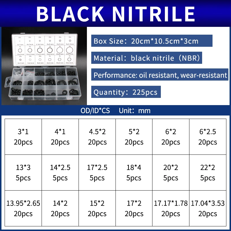

Уплотнительные кольца Резиновое силиконовое уплотнительное кольцо Уплотнительное кольцо NBR VMQ FKM Уплотнительные кольца Нитриловая шайба Набор резиновых oring Ассортиментный набор Коробка Кольцо-.-.-