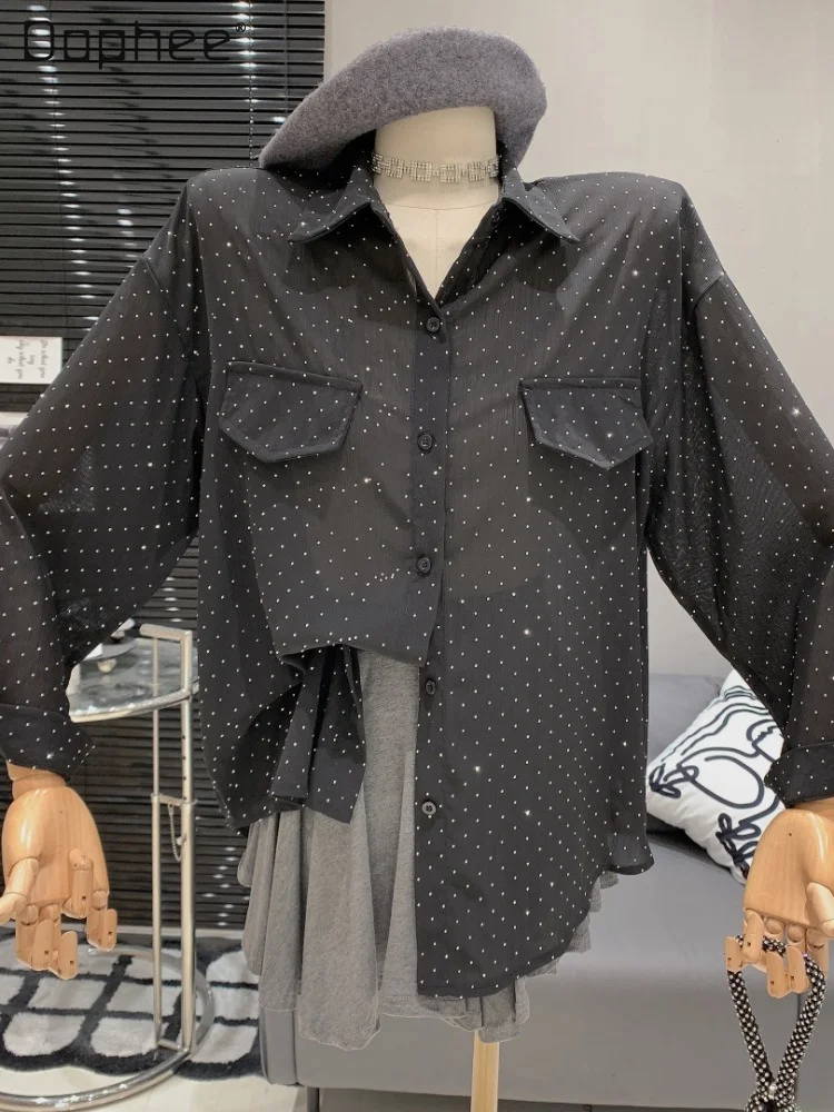 

Korean Style Polo Collar Rhinestones Mid-length Shirt Summer 2023 New Advanced Elegant Loose Slimming Long Sleeve Blouse Female