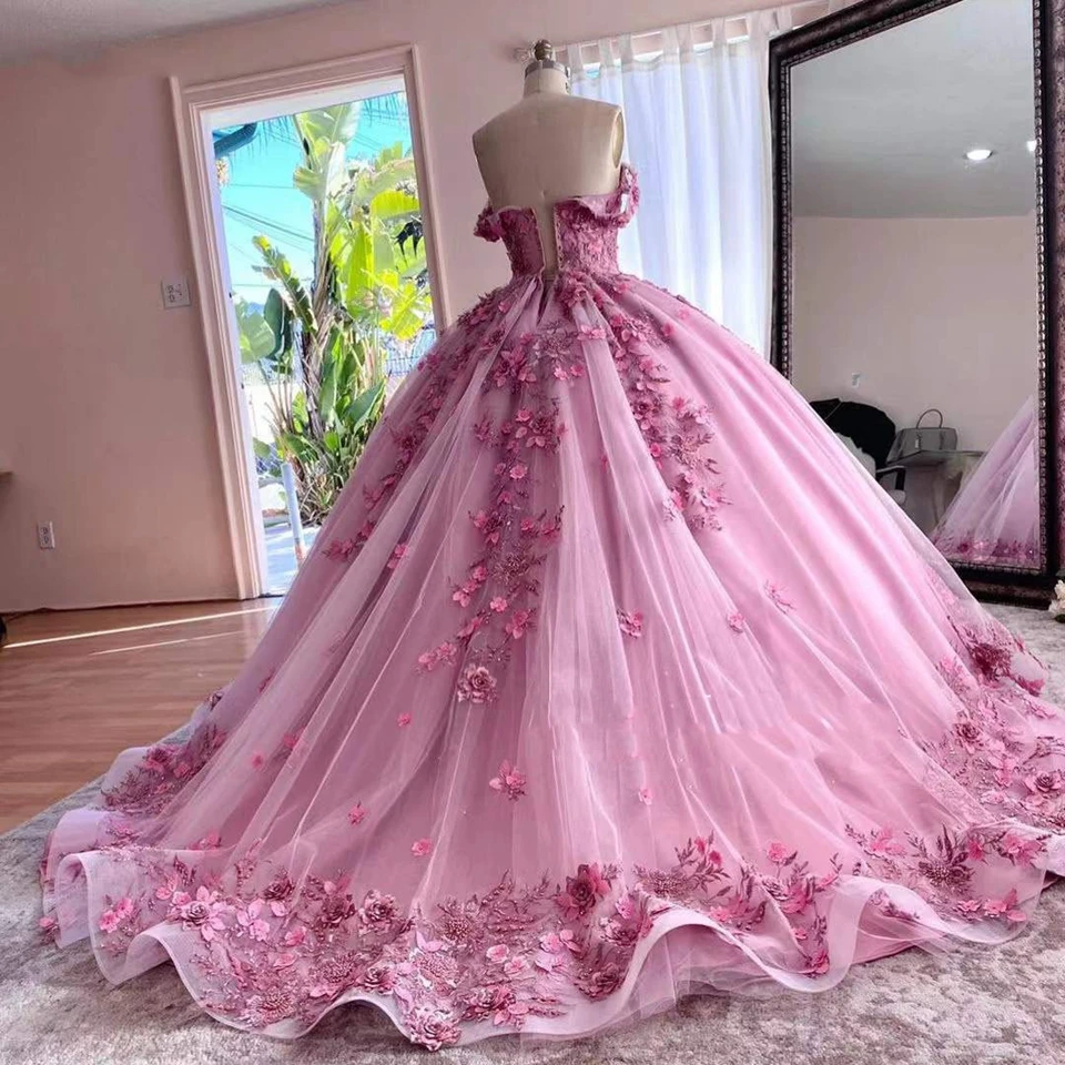ANGELSBRIDEP розовые платья Quinceanera с 3D аппликациями и кружевными цветами выпускные