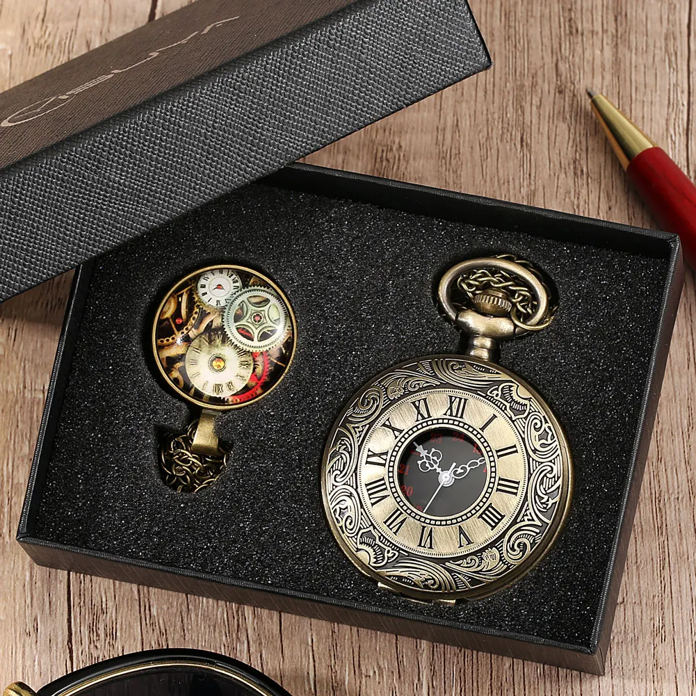 Luxury Gold/Bronze/Silver Quartz Pocket Watch Pedent Gift Set for Men Hollow Case Steampunk Clock Fob Watch Roman Numerals Dail