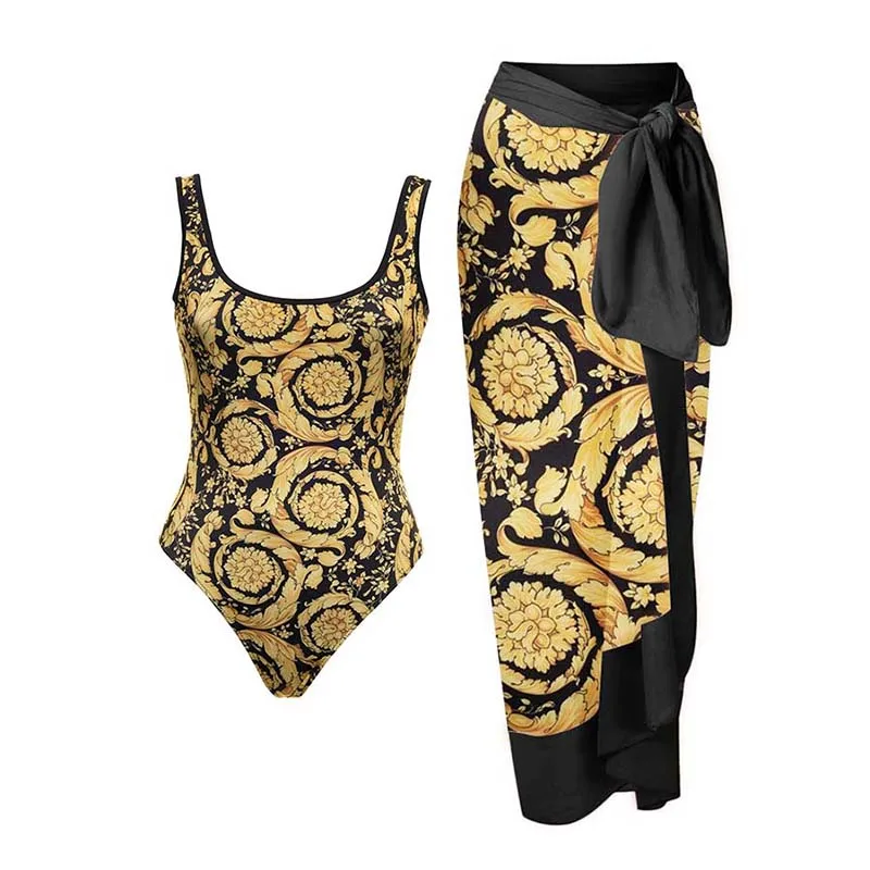 

Fashion Gold Print Round Neck Swimsuit Women One Piece Slim Bikini Cover Up Vintage Holiday Beach Dress Bathing Suit Beachwear