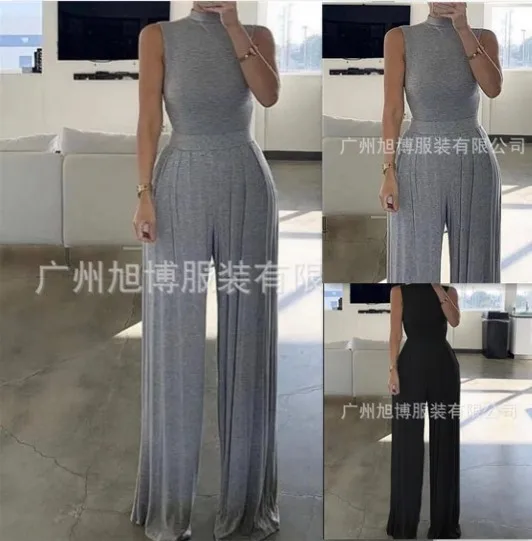 

Однотонные женские комбинезоны 2023, однотонный Облегающий комбинезон без рукавов с высоким воротником, Модный повседневный цельный комбинезон для фитнеса